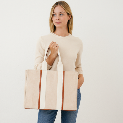 Wholesale  Beige Canvas Tote Handbag  with Zipper in Travel