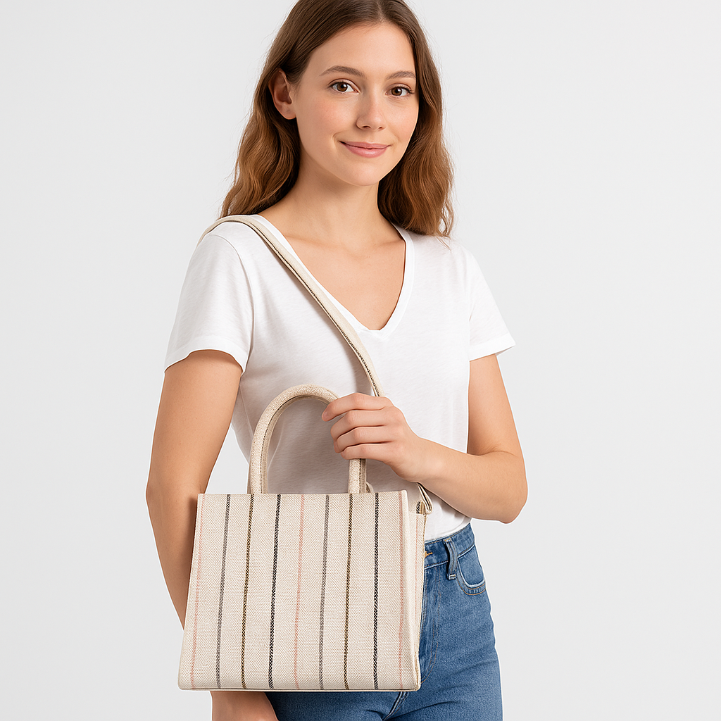 Wholesale Neutral Striped Canvas Crossbody Tote Handbag for Daily use