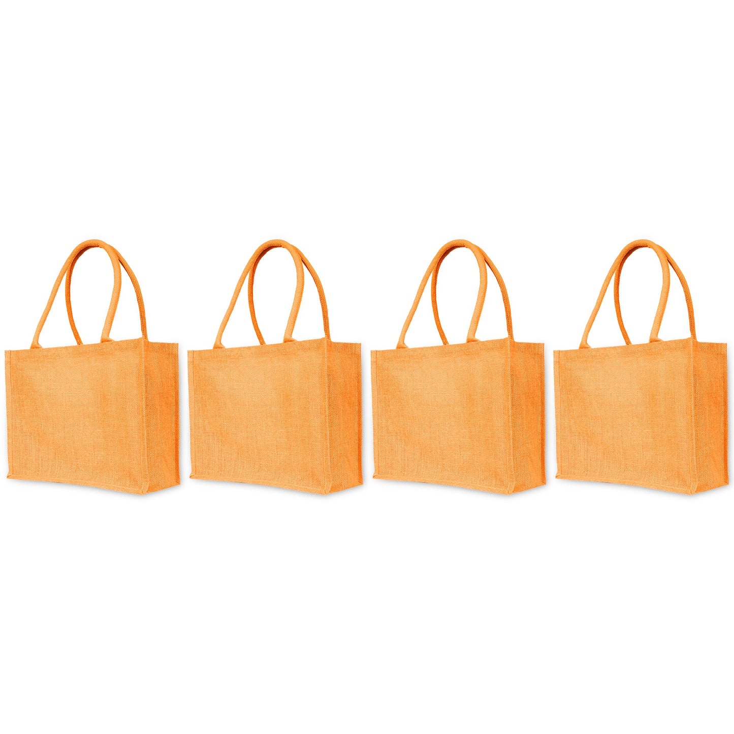 Jute Tote Bags – Shopping, Gifting, Weddings, Travel, Promotional–Deep Red, Pink, Green, Orange (Set of 4)