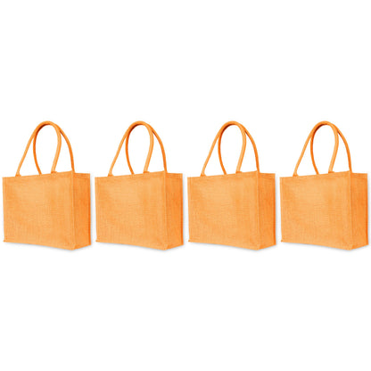 Jute Tote Bags – Shopping, Gifting, Weddings, Travel, Promotional–Deep Red, Pink, Green, Orange (Set of 4)