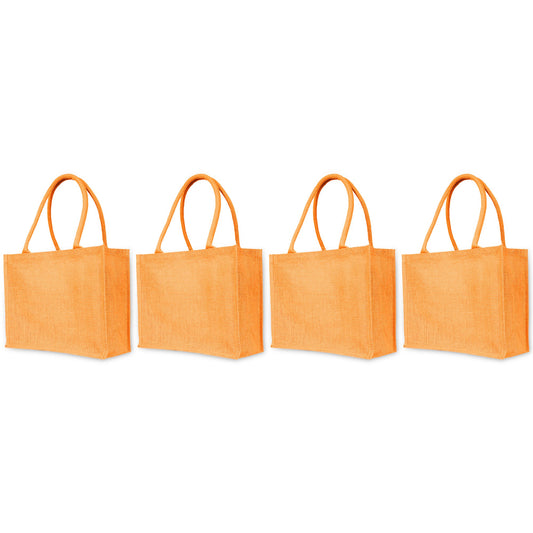 Jute Tote Bags – Shopping, Gifting, Weddings, Travel, Promotional–Deep Red, Pink, Green, Orange (Set of 4)