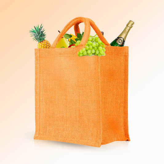 Orange reusable jute tote bag with handles and structured gusset, ideal for grocery, gifting, kitchen use, weddings, and retailers-creative image