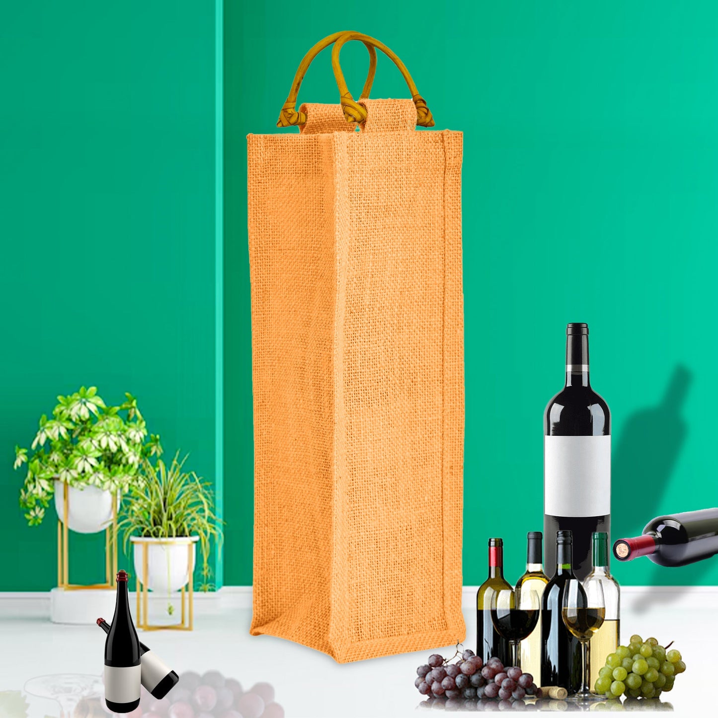 Coloured Reusable Jute Wine Bags with Cane Handles – New Year, Christmas, Gifting, Holidays & Party Favors (Packs of 7)