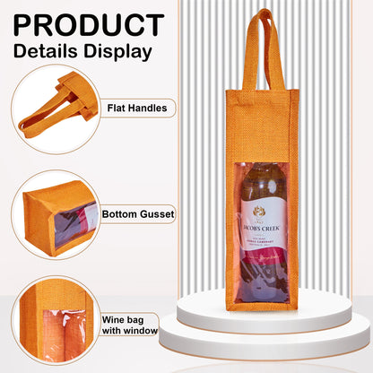 Reusable Jute Wine Gift Bags for Weddings, Parties, and Celebrations - Deep Red, Pink, Green & Orange Shades (Packs  of 6)