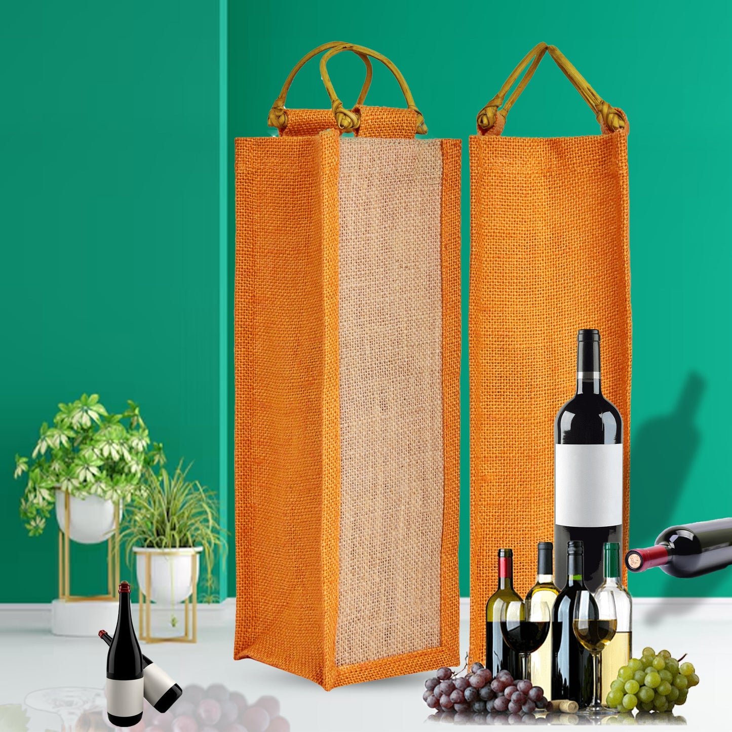 Jute Wine Gift Bags with Cane Handles –Coloured Single-Bottle Bag–  New Year, Weddings, Birthdays, Parties, Christmas & Special Occasion (Packs of 6)