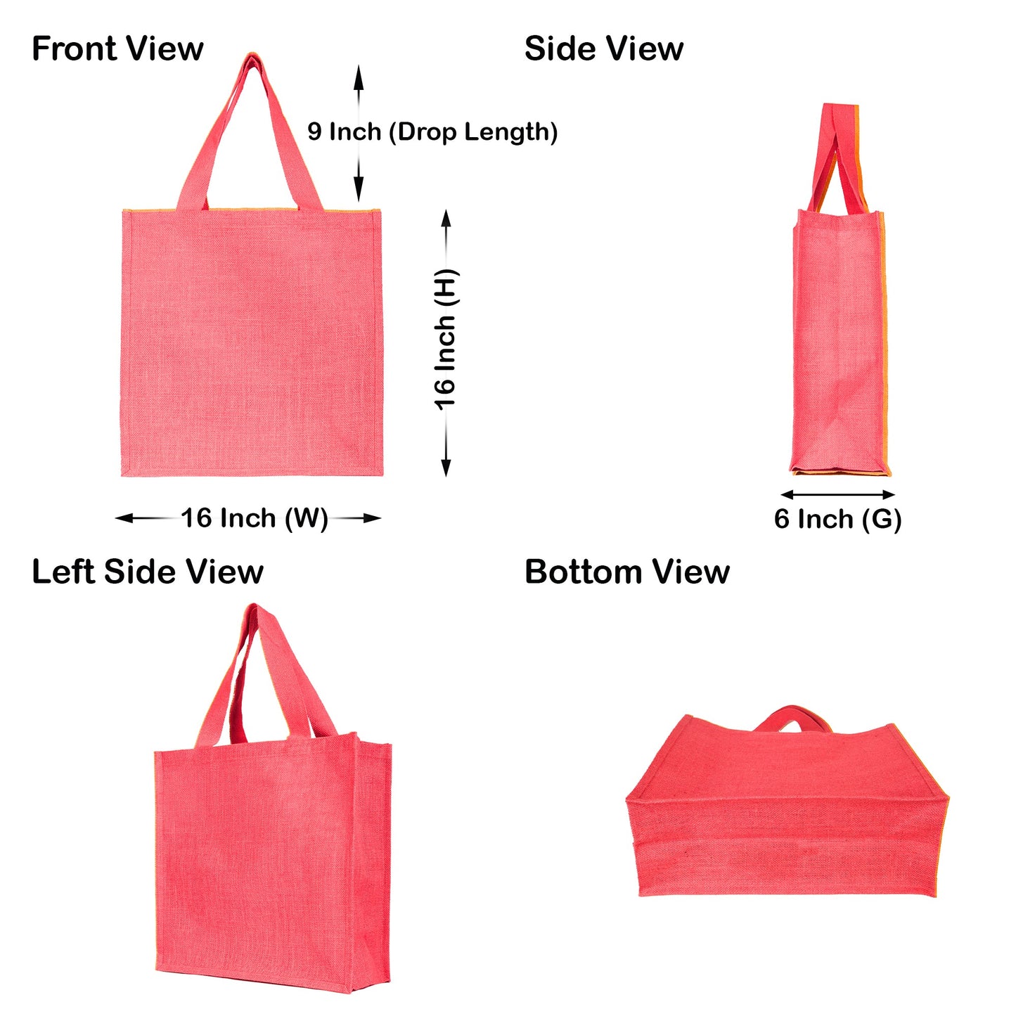 Reusable Jute Bags – Shopping, Gifting, Wedding, Daily Use – Deep Red, Pink, Green & Orange (Set of 4)