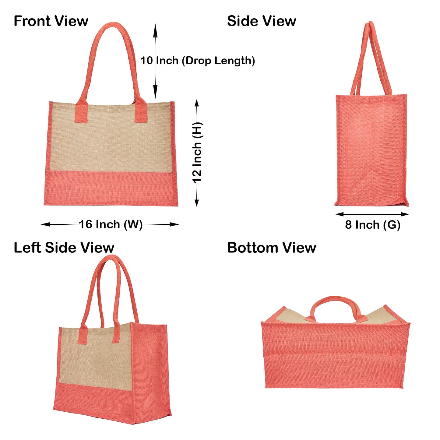 Jute Tote Bags – Red, Pink, Green & Orange – Reusable Burlap Bags for Shopping & Everyday Use (Set of 4)