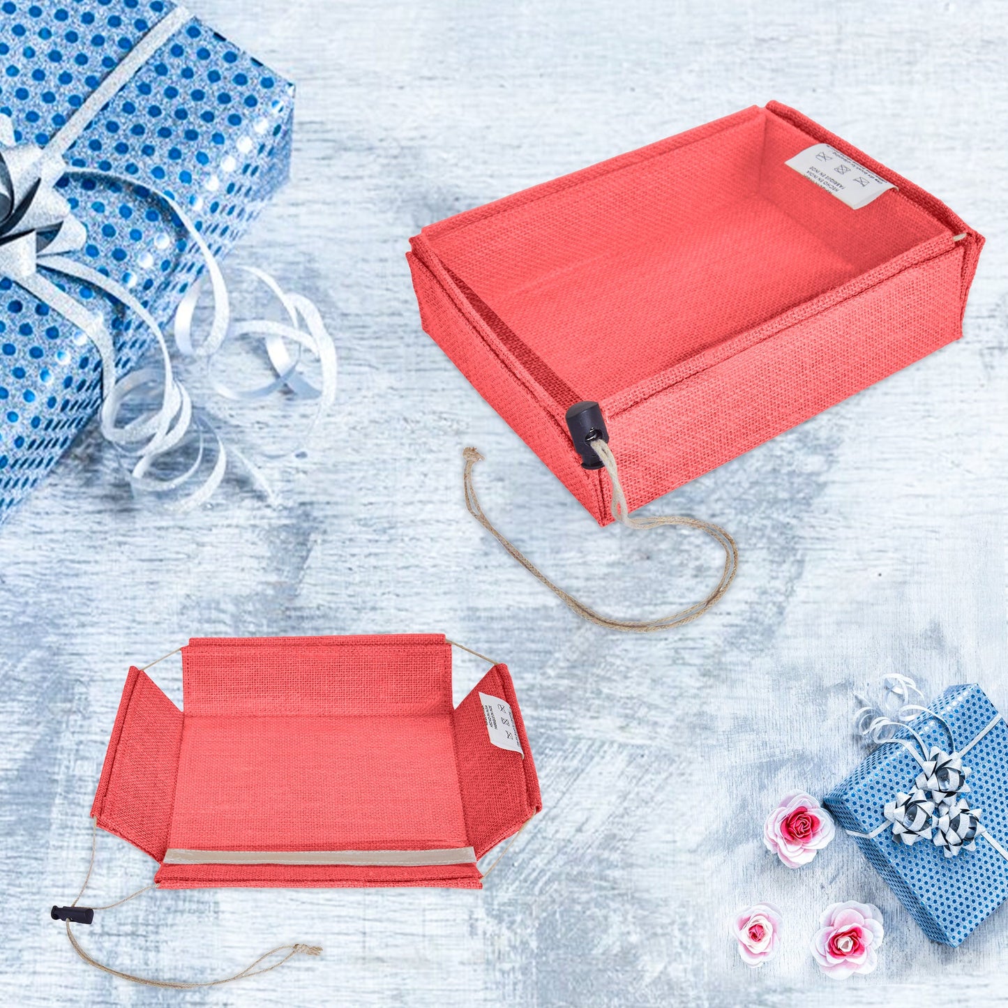 Coloured Juco Gift Boxes with Drawstring & PVC Window –Reusable Baskets for Gifting, Jewellery, Storage & Décor ( Packs of 7 )