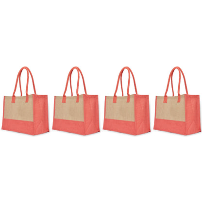 Jute Tote Bags – Red, Pink, Green & Orange – Reusable Burlap Bags for Shopping & Everyday Use (Set of 4)