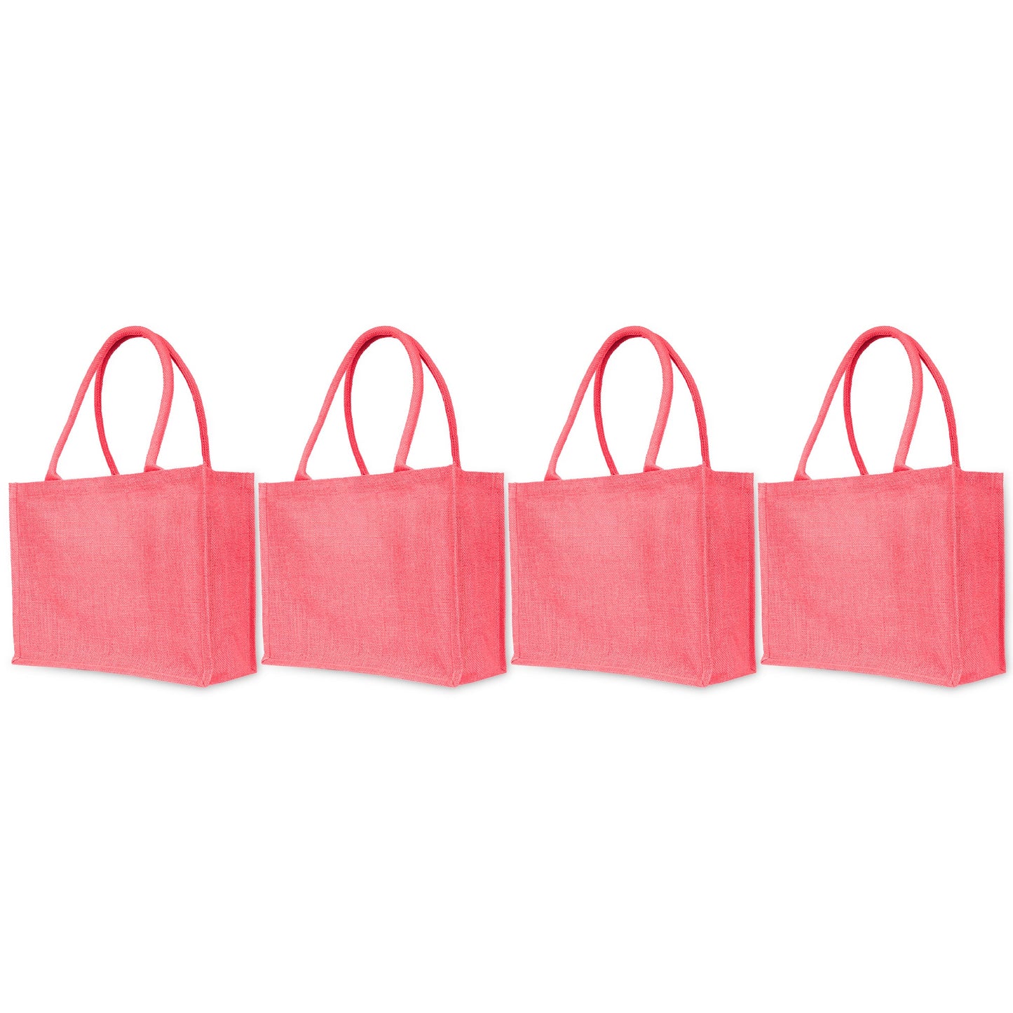 Jute Tote Bags – Shopping, Gifting, Weddings, Travel, Promotional–Deep Red, Pink, Green, Orange (Set of 4)