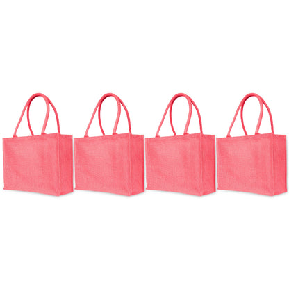 Jute Tote Bags – Shopping, Gifting, Weddings, Travel, Promotional–Deep Red, Pink, Green, Orange (Set of 4)