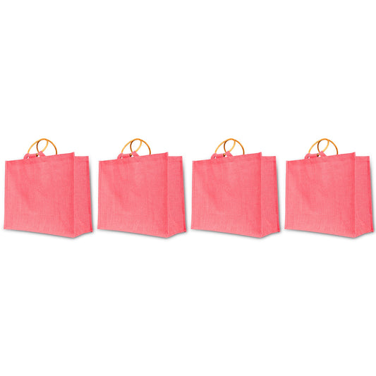 Jute Tote Bags – Colourful Reusable Burlap Cane Handle Promotional Bags for Shopping, Groceries, Beach Bags (Set of 4)