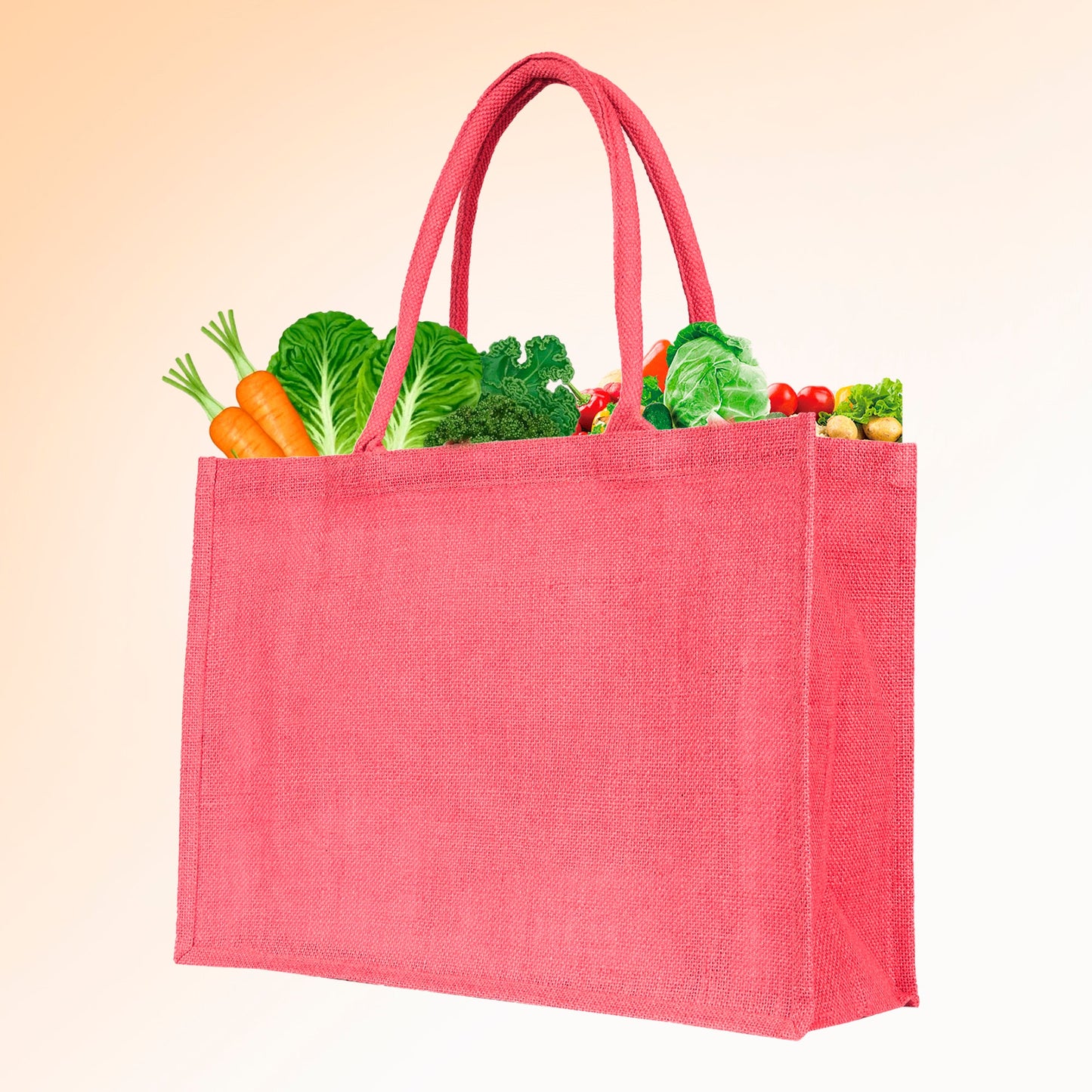 Jute Tote Bags – Shopping, Gifting, Weddings, Travel, Promotional–Deep Red, Pink, Green, Orange (Set of 4)