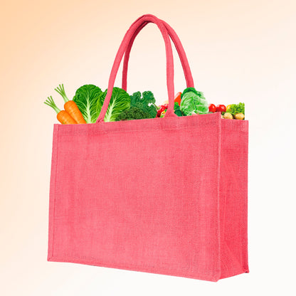 Jute Tote Bags – Shopping, Gifting, Weddings, Travel, Promotional–Deep Red, Pink, Green, Orange (Set of 4)