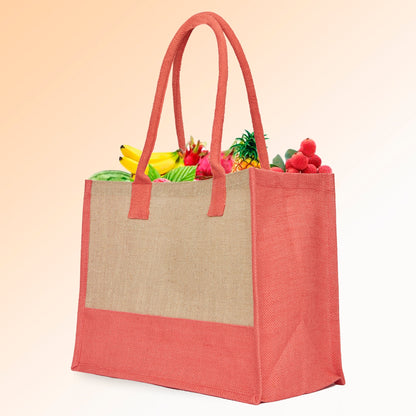 Jute Tote Bags – Red, Pink, Green & Orange – Reusable Burlap Bags for Shopping & Everyday Use (Set of 4)