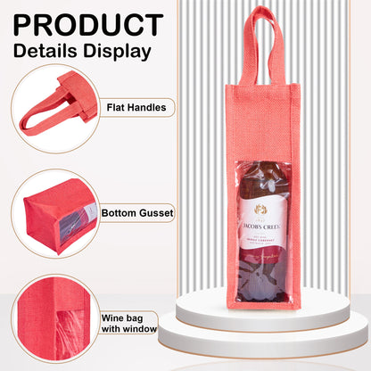 Reusable Jute Wine Gift Bags for Weddings, Parties, and Celebrations - Deep Red, Pink, Green & Orange Shades (Packs  of 6)