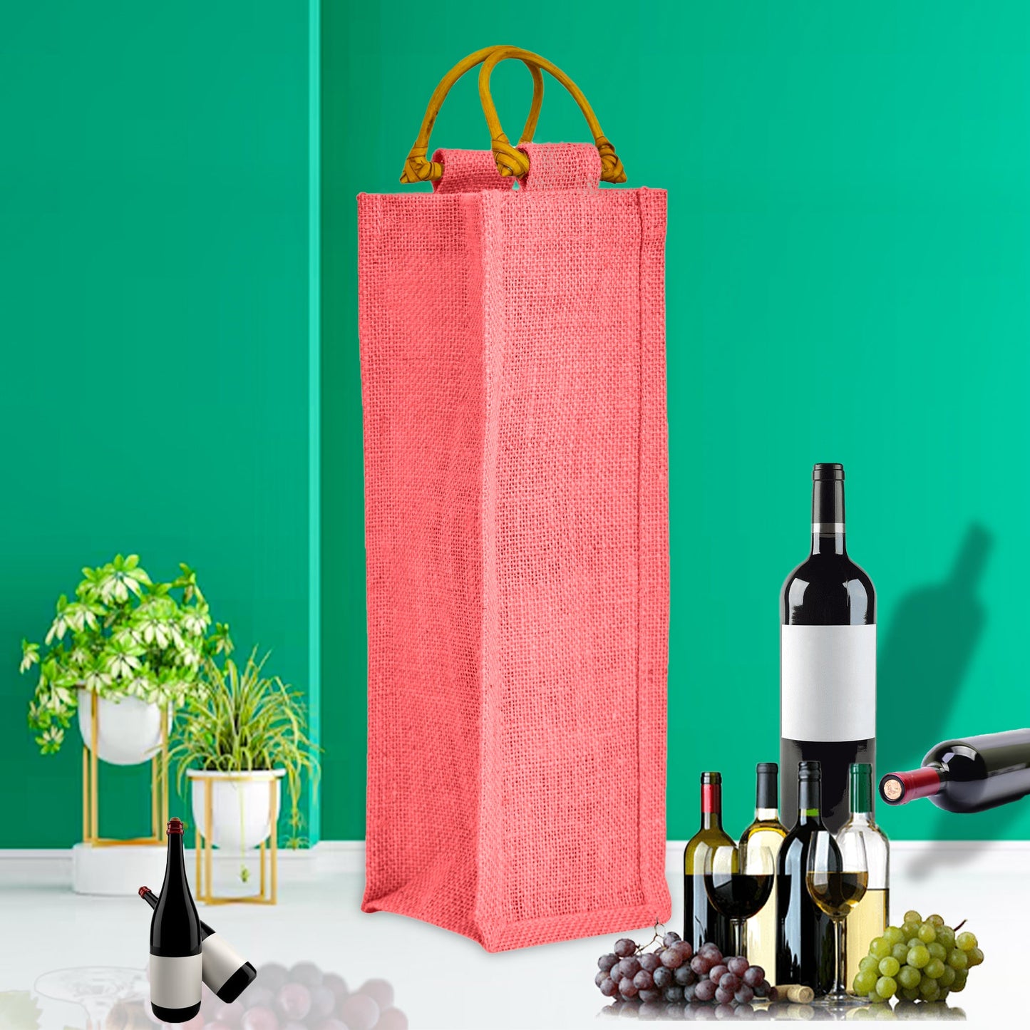 Coloured Reusable Jute Wine Bags with Cane Handles – New Year, Christmas, Gifting, Holidays & Party Favors (Packs of 7)