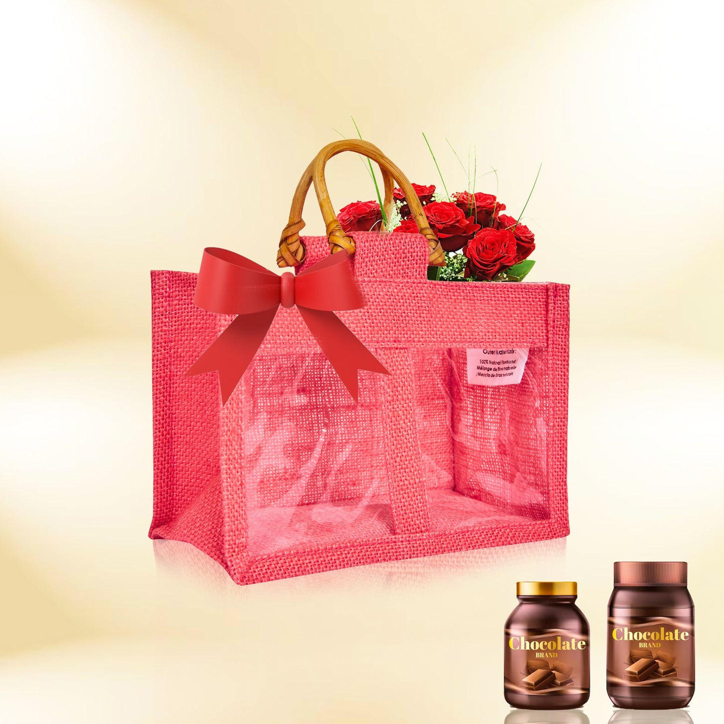 Coloured Jute Gift Bags with Cane Handles – Burlap Pouches for Weddings, Bridesmaid Gifts, Parties (7 Pcs)