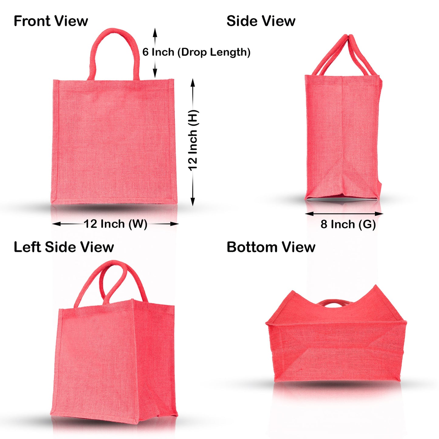 Jute Shopping Bags – Red, Pink, Green & Orange – Reusable Burlap Totes for Gifts, Promotions & More (Packs of 4)