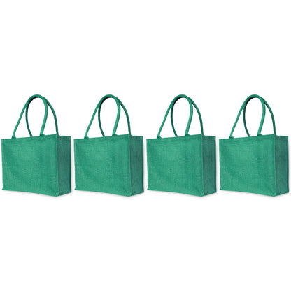 Jute Tote Bags – Shopping, Gifting, Weddings, Travel, Promotional–Deep Red, Pink, Green, Orange (Set of 4)