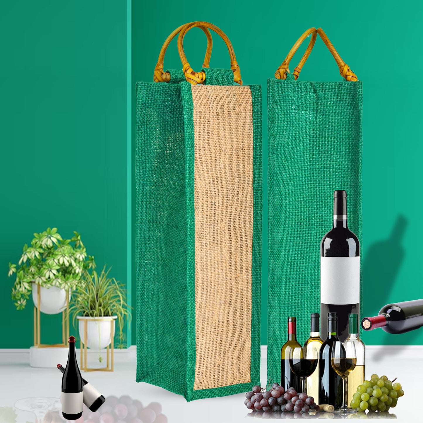Jute Wine Gift Bags with Cane Handles –Coloured Single-Bottle Bag–  New Year, Weddings, Birthdays, Parties, Christmas & Special Occasion (Packs of 6)