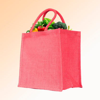 Jute Shopping Bags – Red, Pink, Green & Orange – Reusable Burlap Totes for Gifts, Promotions & More (Packs of 4)