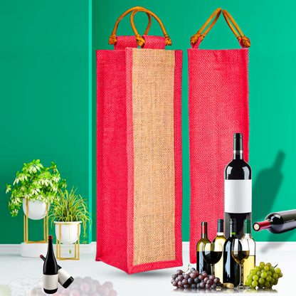 Jute Wine Gift Bags with Cane Handles –Coloured Single-Bottle Bag–  New Year, Weddings, Birthdays, Parties, Christmas & Special Occasion (Packs of 6)