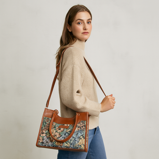 Wholesale Women Botanical Tapestry Satchel Bag – Vegan Leather Trimmed Handbag, Crossbody & Shoulder Purse