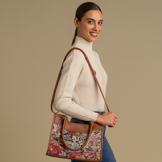 Women Floral Tapestry Satchel & Crossbody Bag – Wholesale Vegan Leather‑Trimmed Shoulder Purse with Top Handle