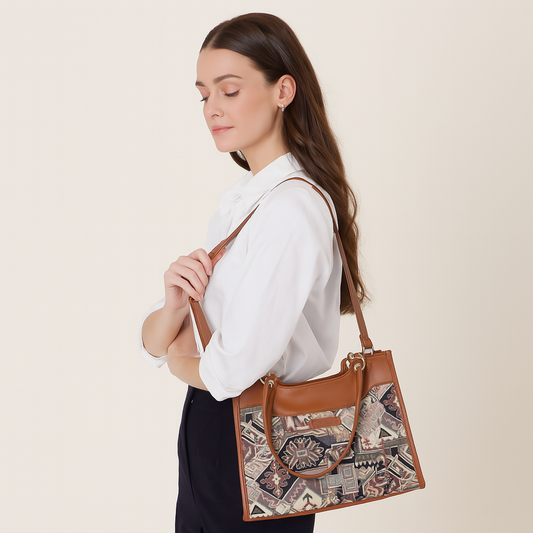 Women Geometric Tapestry Satchel & Crossbody Bag – Vegan leather Trimmed Shoulder and Hand Purse