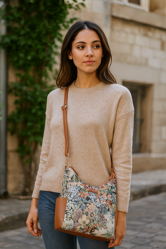 Women’s Botanical Tapestry Hobo Bag – Elegant Vegan Leather-Trimmed Shoulder & Crossbody Purse for Casual Use