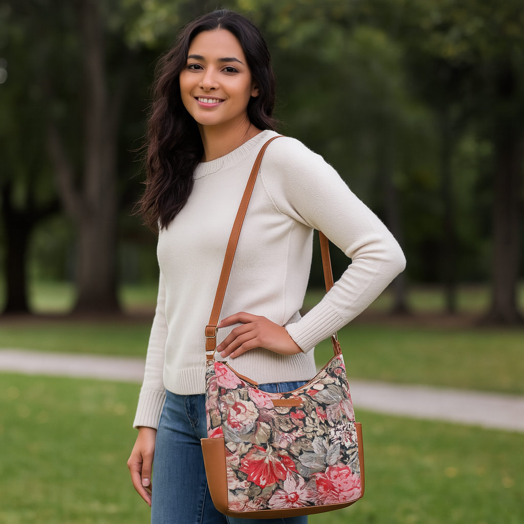 Women's Floral Tapestry Hobo Bag | Stylish vegan leather-Trimmed Shoulder & Crossbody Purse for Daily Essentials