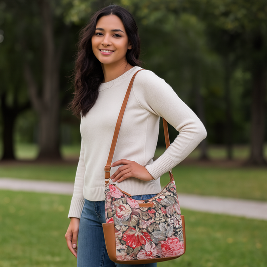 Ladies’ Floral Tapestry Hobo Bag – Stylish Vegan Leather-Trimmed Shoulder & Crossbody Purse for Everyday Essentials