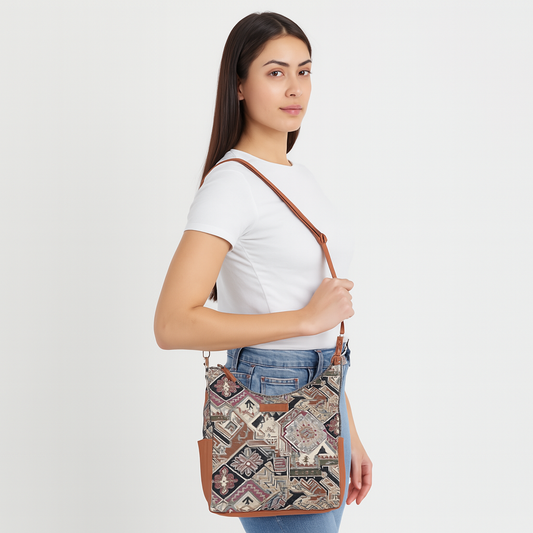 Ladies’ Geometric Tapestry Hobo Bag – Stylish Vegan Leather Trim Shoulder & Crossbody Purse for Office & Daily Outings