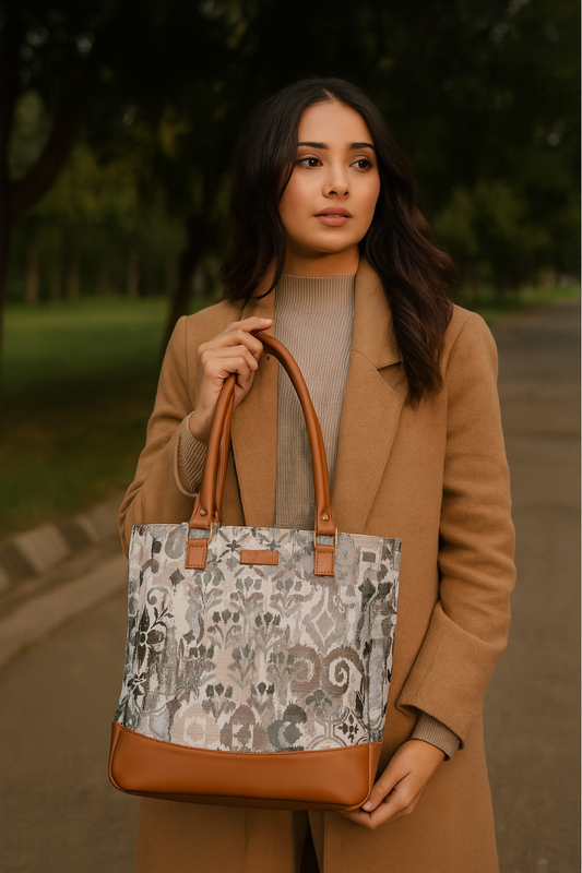 Women’s Abstract Tapestry Tote Bag – Shoulder & Top Handle Handbag with Vegan Leather Trim for Everyday Style