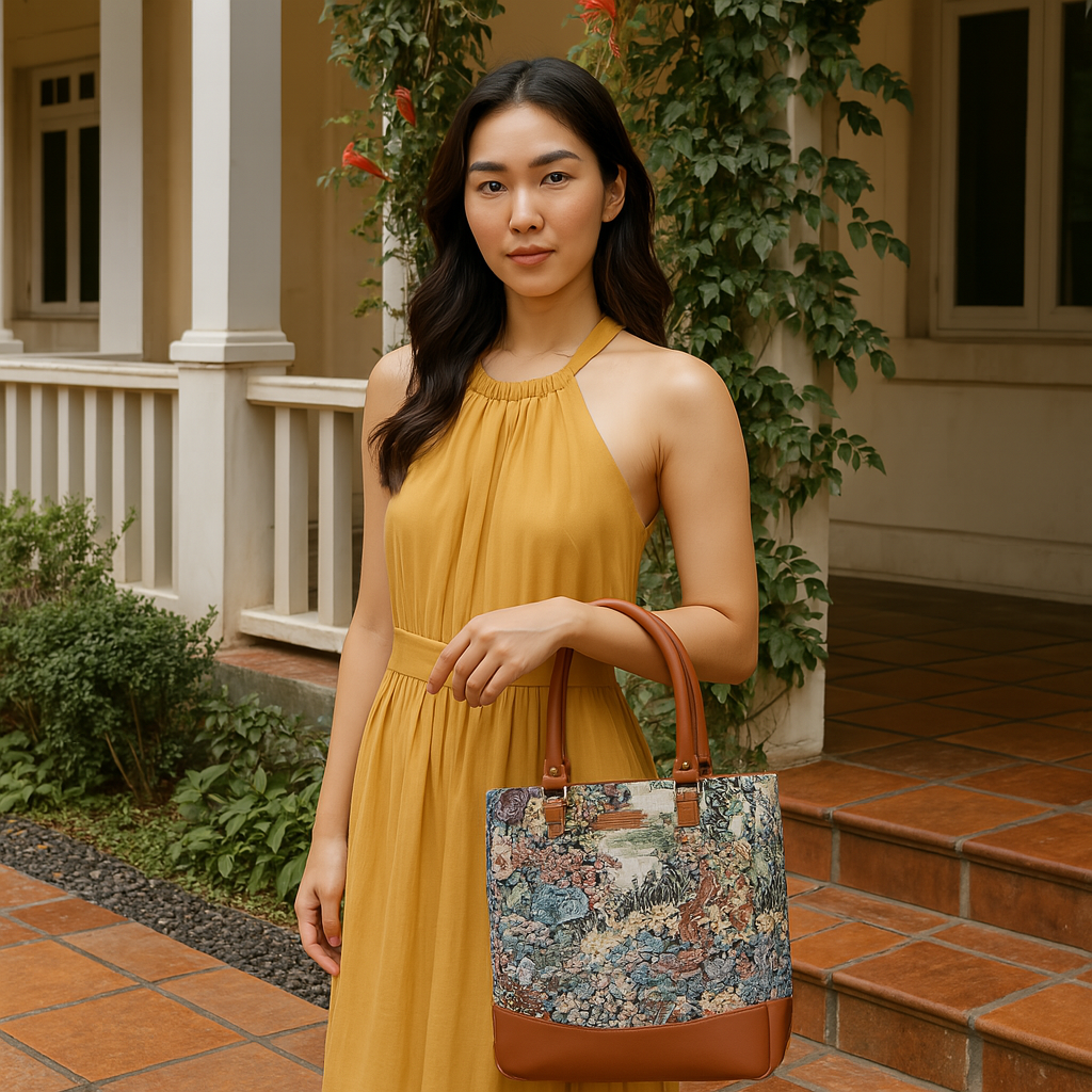 Wholesale Women Botanical Tapestry Tote Bag – Shoulder & Top Handle Handbag with vegan leather Accents