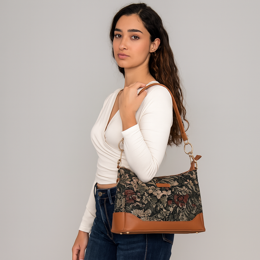 Women Vintage Tapestry Shoulder Bag – Vegan Leather - Trimmed Tote Sling Satchel Purse