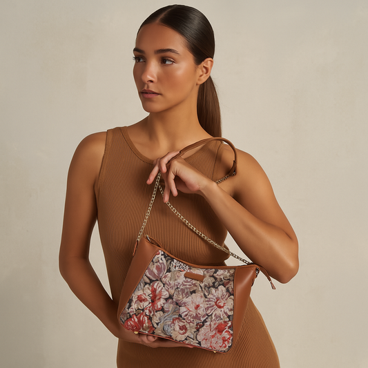 Ladies’ Floral Tapestry Hobo Shoulder Bag – Vegan Leather Satchel Purse with Top Handle & Chain Strap for Daily Use