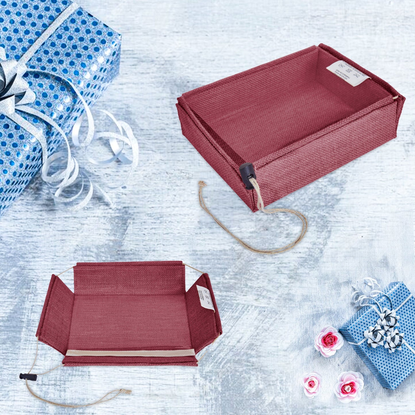 Coloured Juco Gift Boxes with Drawstring & PVC Window –Reusable Baskets for Gifting, Jewellery, Storage & Décor ( Packs of 7 )