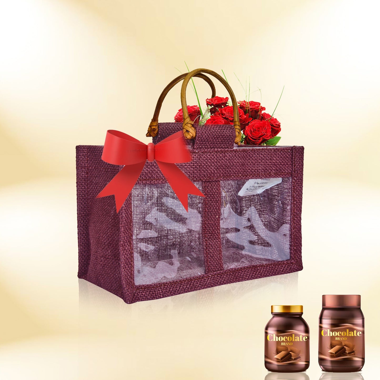 Coloured Jute Gift Bags with Cane Handles – Burlap Pouches for Weddings, Bridesmaid Gifts, Parties (7 Pcs)