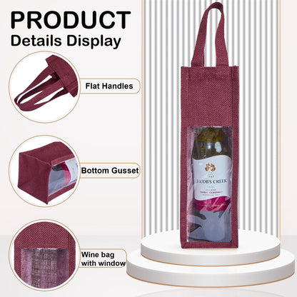 Reusable Jute Wine Gift Bags for Weddings, Parties, and Celebrations - Deep Red, Pink, Green & Orange Shades (Packs  of 6)