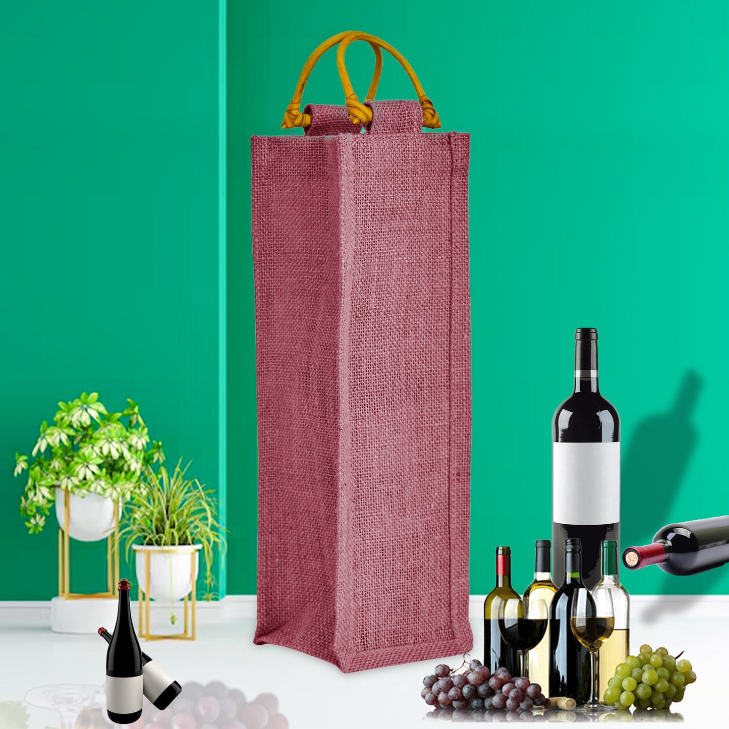 Coloured Reusable Jute Wine Bags with Cane Handles – New Year, Christmas, Gifting, Holidays & Party Favors (Packs of 7)