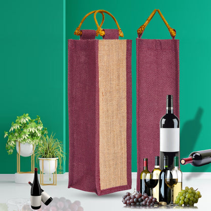 Jute Wine Gift Bags with Cane Handles –Coloured Single-Bottle Bag–  New Year, Weddings, Birthdays, Parties, Christmas & Special Occasion (Packs of 6)