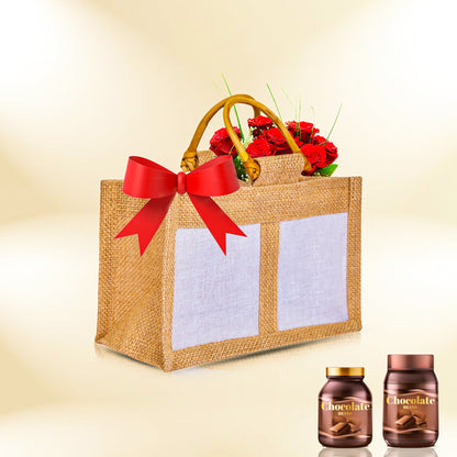 Jute Gift Bags with Cane Handles & Organza Panels – Burlap Pouches for Weddings, Bridesmaid Gifts, Parties (12 Pcs)