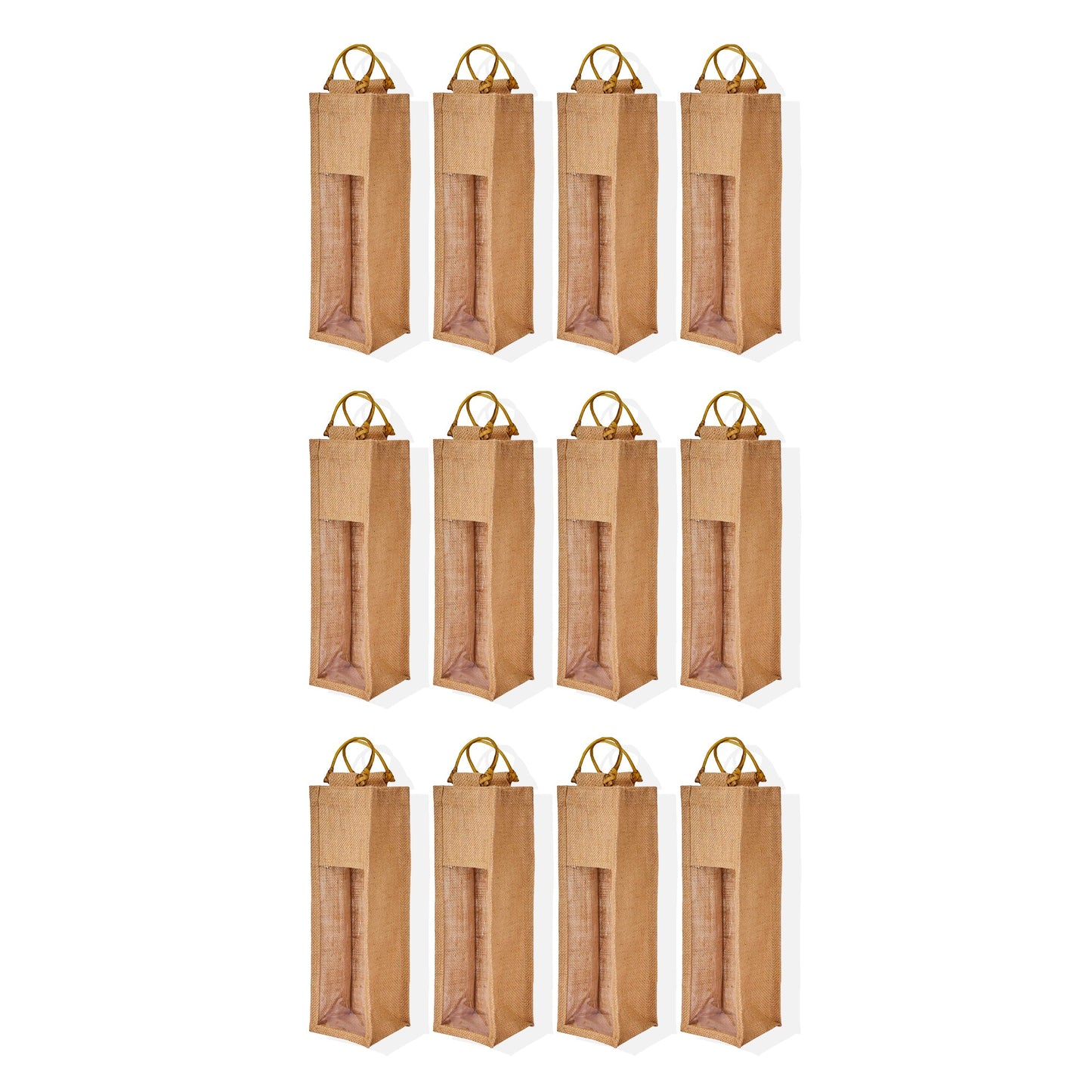 Natural Jute Wine Gift Bags with PVC Window – Reusable Single Bottle Bag for Weddings, Parties & Special Occasions (Set of 12)