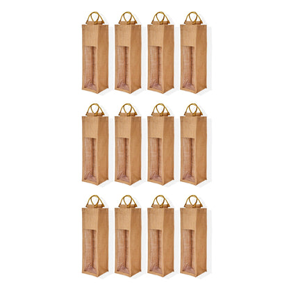 Natural Jute Wine Gift Bags with PVC Window – Reusable Single Bottle Bag for Weddings, Parties & Special Occasions (Set of 12)