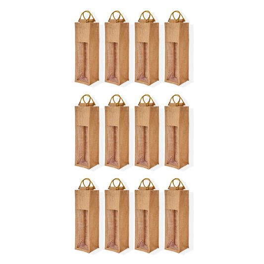 Natural Jute Wine Gift Bags with PVC Window – Reusable Single Bottle Bag for Weddings, Parties & Special Occasions (Set of 12)