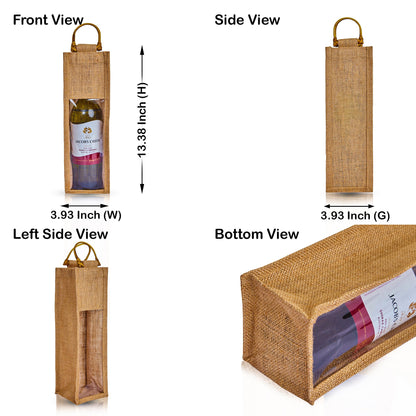 Natural Jute Wine Gift Bags with PVC Window – Reusable Single Bottle Bag for Weddings, Parties & Special Occasions (Set of 12)