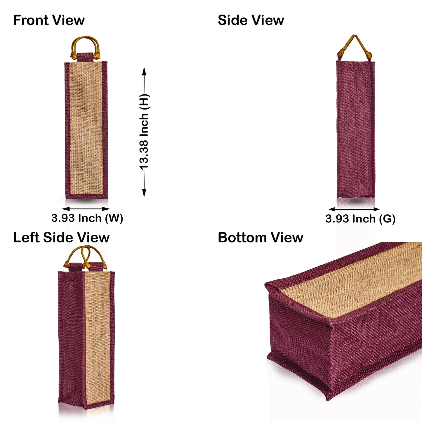 Jute Wine Gift Bags with Cane Handles –Coloured Single-Bottle Bag–  New Year, Weddings, Birthdays, Parties, Christmas & Special Occasion (Packs of 6)