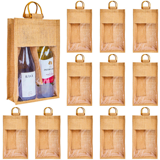 Burlap Wine Gift Bags – Jute Wine Bottle Bags for Weddings, Parties, Birthdays, Holidays, New Year, Christmas & Special Occasion (Packs of 12)